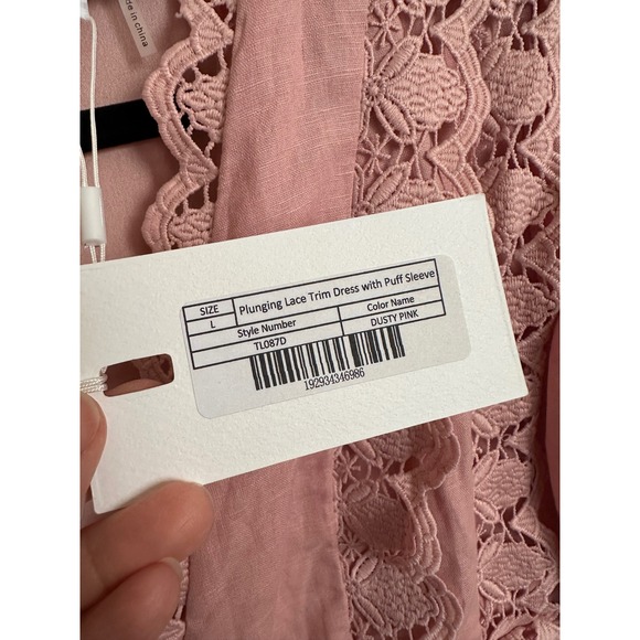NWT Endless Rose Plunging Lace Trim Puff Sleeve Dress Dusty Pink Size L - Picture 3 of 11